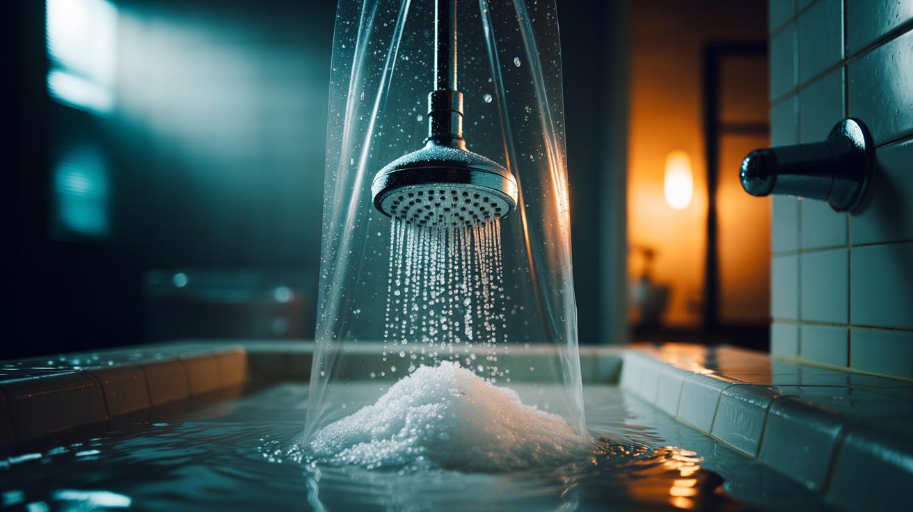 Illustration of a shower head submerged in a salt brine overnight to loosen limescale deposits and unblock nozzles