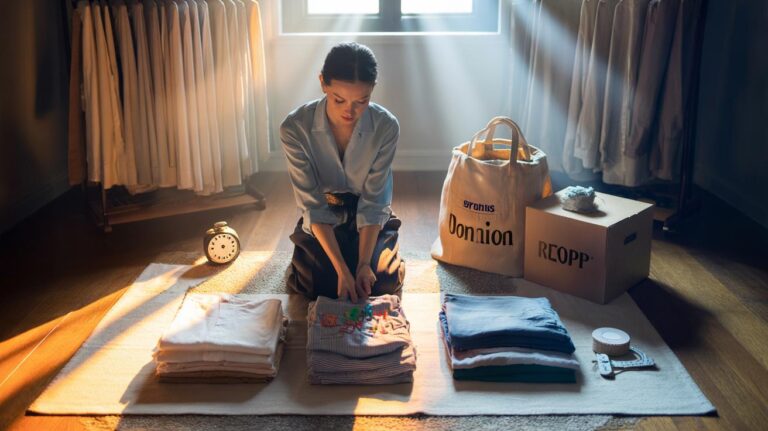 Illustration of the 4-2 wardrobe decluttering method with four labeled clothing piles (Keep, Try-Out, Tailor, Release) and a timer for the two decision rules