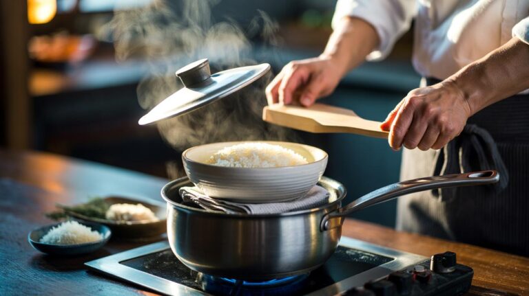 Illustration of the Japanese 1-bowl rice method with a heatproof bowl placed inside a lidded saucepan, yielding glossy, fluffy rice
