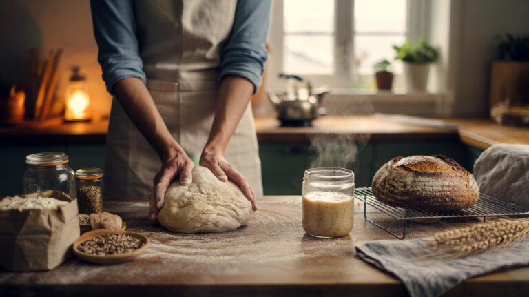 Illustration of weekly home bread baking with a sourdough starter, kneaded dough, and a fresh loaf on a cooling rack