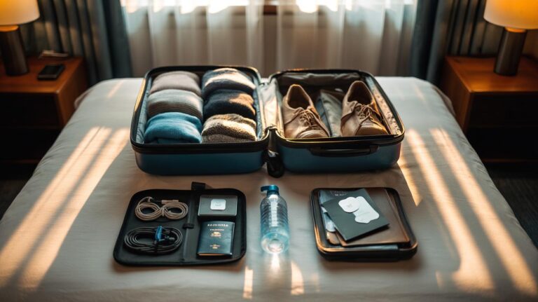Illustration of a seasoned travellers’ 4-step packing strategy with an organized suitcase, packing cubes, travel documents, and a checklist for stress-free vacations