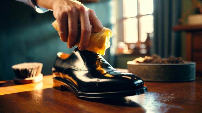 Illustration of a hand polishing a black leather shoe with the inside of a banana peel for a quick natural shine.