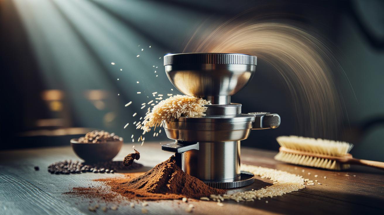 Illustration of uncooked rice pulsed through a coffee grinder to absorb oils and remove residue in a 30-second clean