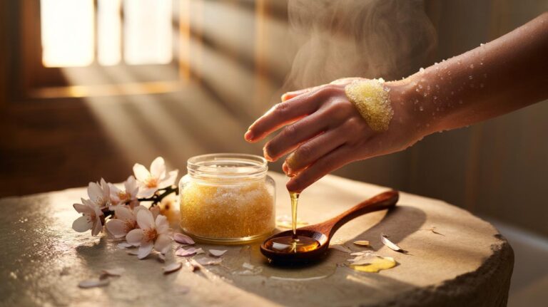 Illustration of a sugar scrub made with almond oil and fine sugar crystals, alongside almond blossoms, used for gentle exfoliation and hydration of the skin