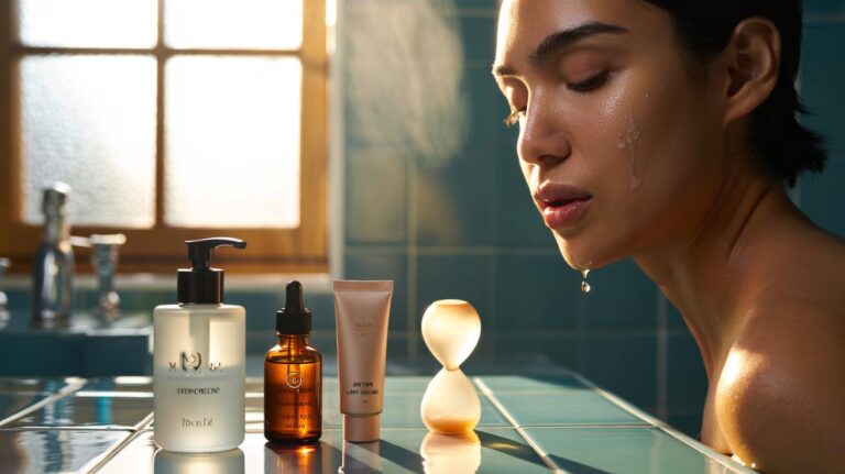 Illustration of a two-minute dermatologist-approved skincare routine featuring cleansing, a targeted serum treatment, and SPF protection