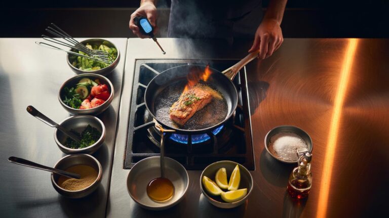 Illustration of the 5-2-3 kitchen rule used by chefs: five prep checks, two heat controls, and three flavour levers