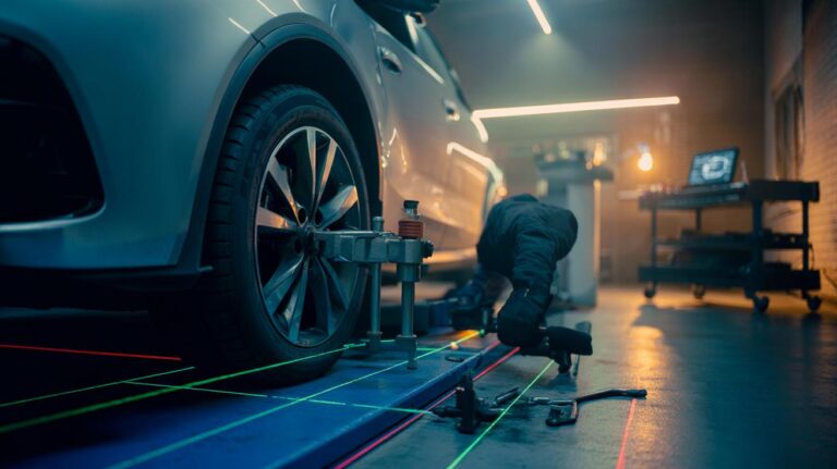 Illustration of a mechanic performing four-wheel alignment with a laser/3D rig to improve fuel efficiency