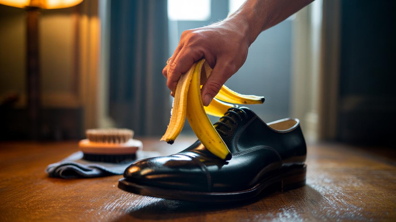 Illustration of a hand rubbing the inner side of a banana peel on smooth leather shoes to deliver a two-minute, natural-oil shine