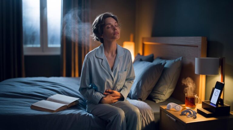 Illustration of a device-free wind-down with dim lights, a paper book, calming breathing, and a cool, dark bedroom prepared for restful sleep