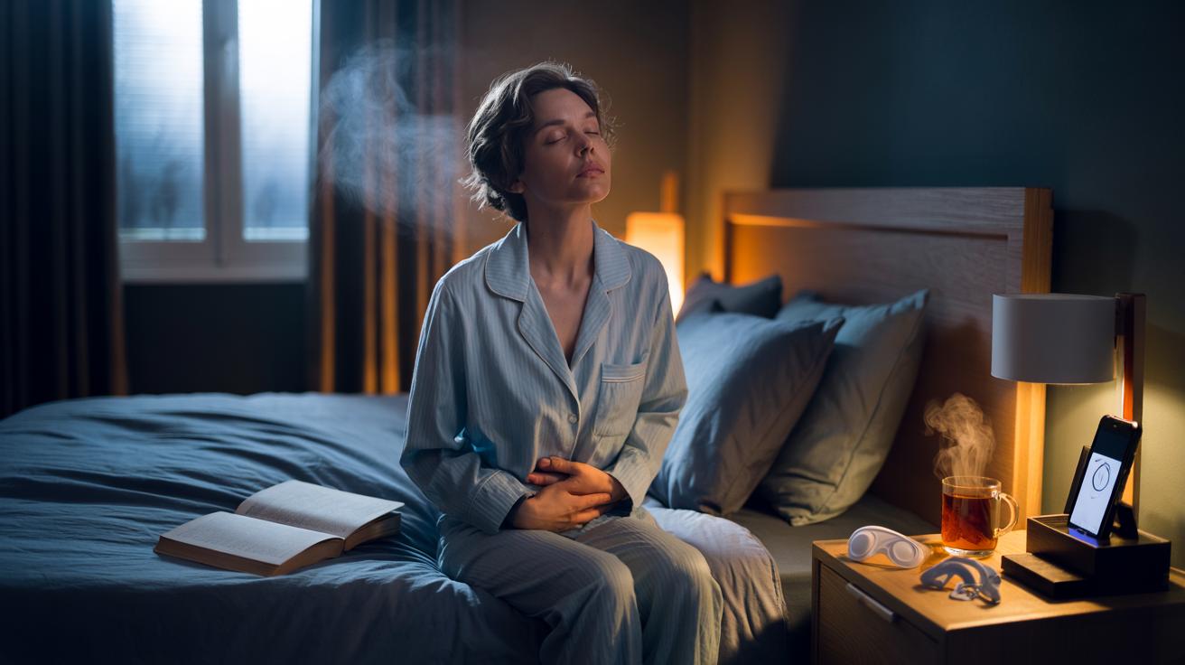 Illustration of a device-free wind-down with dim lights, a paper book, calming breathing, and a cool, dark bedroom prepared for restful sleep