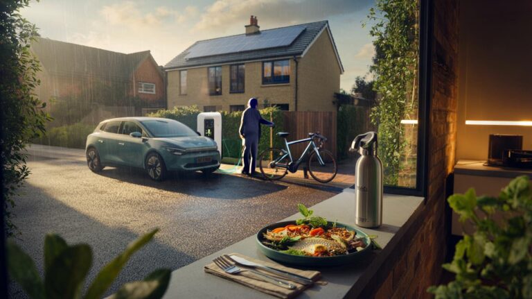 Illustration of practical eco-friendly actions you can start today, including plant-rich meals, active travel, and clean home energy upgrades