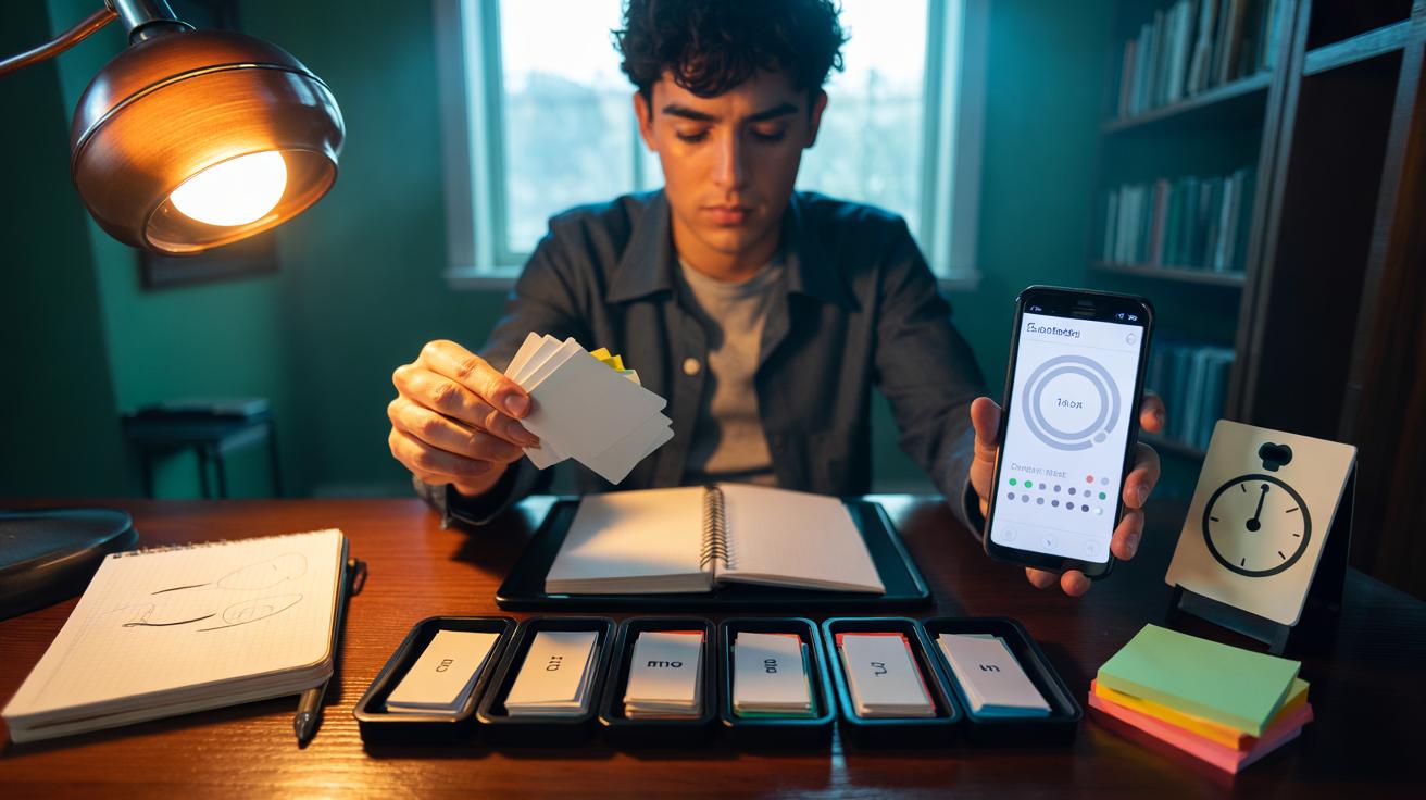 Illustration of a student practicing active recall with spaced repetition using flashcards and a review schedule