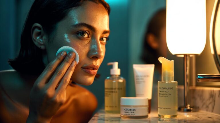 Illustration of a person applying a gentle chemical exfoliant toner as part of an evening skincare routine, with AHA/BHA/PHA bottles and daily SPF to support a healthy glow