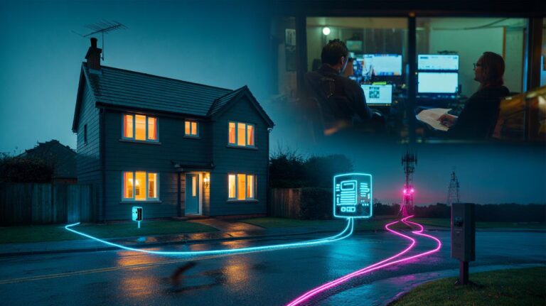 Illustration of a professionally monitored smart alarm system with integrated sensors, cameras, and dual-path signalling in a UK home