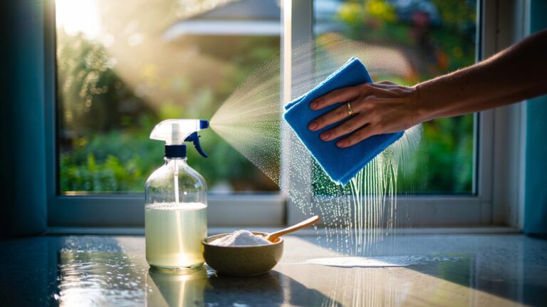 Illustration of cornstarch (cornflour) being used with a vinegar and water spray and a microfibre cloth to clean windows streak-free