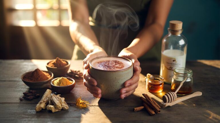 Illustration of a cacao–maca–chicory latte coffee substitute with cacao, maca powder, and roasted chicory root