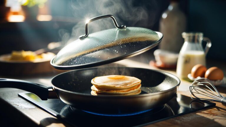 Illustration of the no-flip, lid-on technique for fluffy pancakes, with steam setting the top in a covered pan
