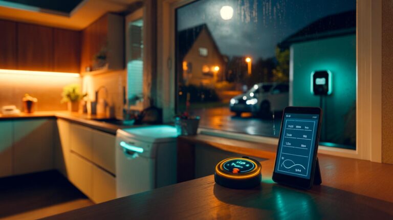 Illustration of load shifting in a European home with a smart meter, EV charging overnight, and appliances scheduled for off-peak hours to cut electricity bills