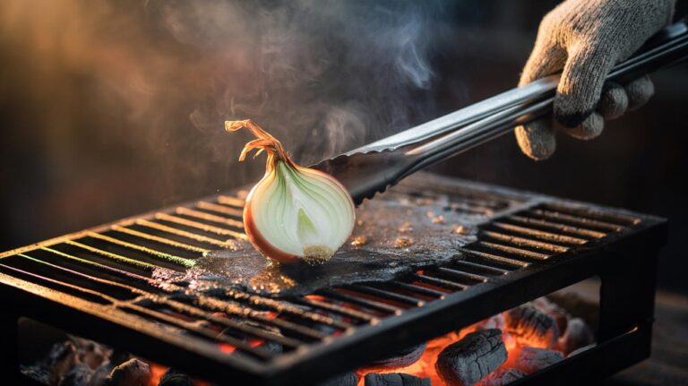Illustration of a halved onion held with tongs wiping hot grill grates to loosen baked-on residue using natural oils