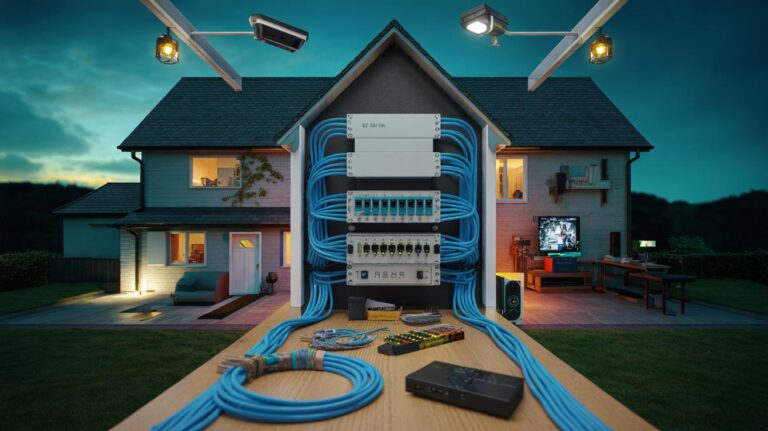 Illustration of a wired-first home network backbone with Cat6A structured cabling, a central patch panel and PoE switch, ceiling-mounted access points, and conduit for future upgrades
