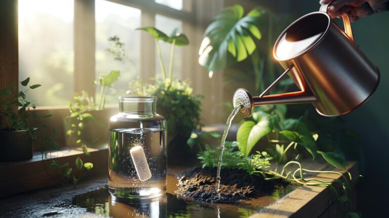 Illustration of dissolved aspirin water being applied to indoor houseplants to enhance growth