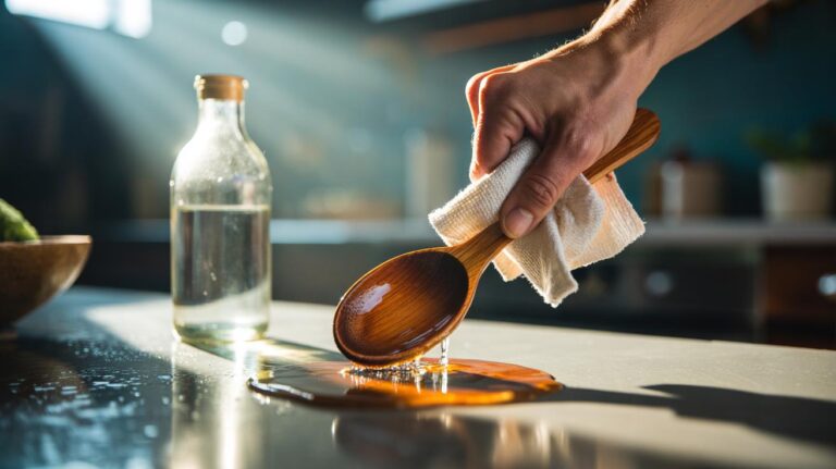 Illustration of a hand wiping a wooden spoon with a vinegar-soaked cloth to restore its lustre, with a bottle of white vinegar nearby