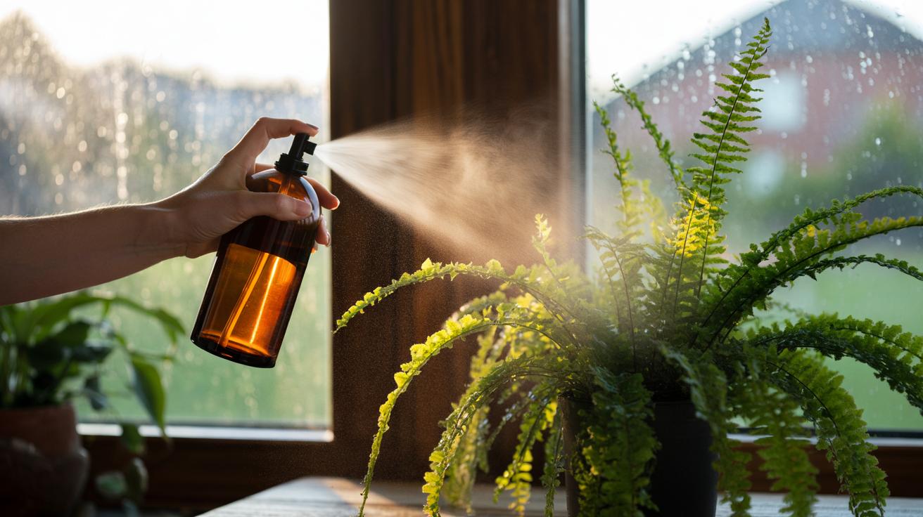 Illustration of a hand using a fine-mist spray bottle to apply diluted vinegar to a wilting fern indoors, highlighting gentle acetic vapors that stimulate leaf uptake