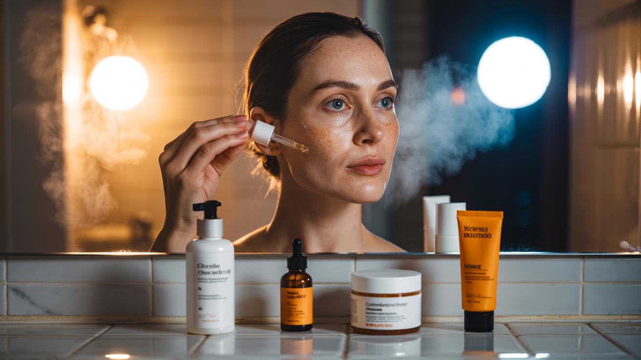 Illustration of a simple daily skincare routine featuring gentle cleansing, vitamin C serum, moisturiser, broad-spectrum SPF in the morning, and a nightly retinoid