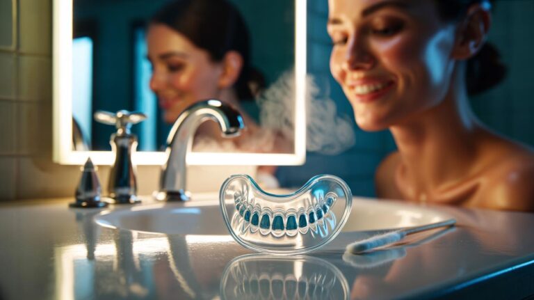 Illustration of a boil-and-bite mouthguard used as a whitening tray with carbamide peroxide gel for at-home teeth whitening