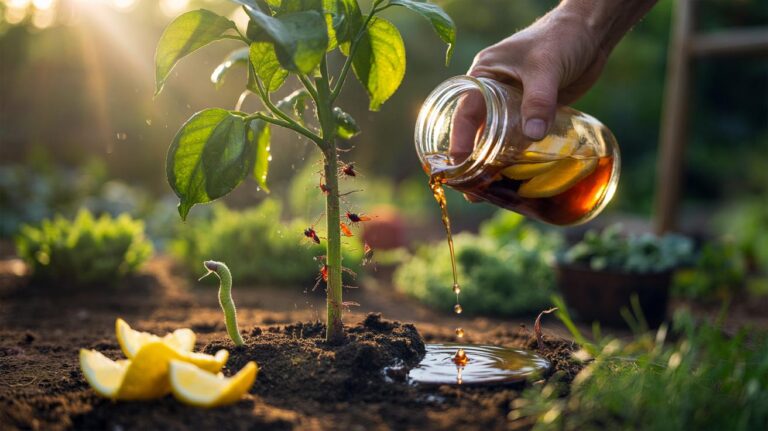 Illustration of a gardener applying a lemon peel infusion to garden soil to repel pests and enrich beds