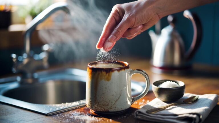 Illustration of a hand rubbing salt inside a stained ceramic mug to remove tea and coffee stains