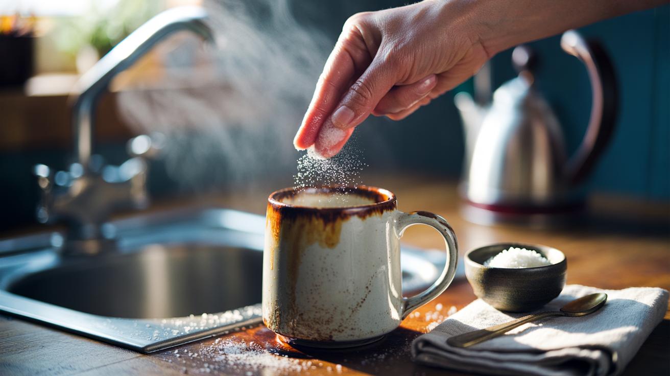 Illustration of a hand rubbing salt inside a stained ceramic mug to remove tea and coffee stains