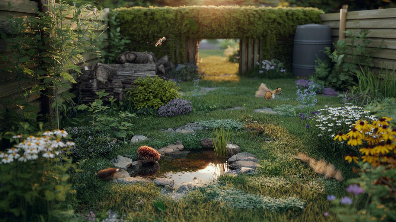 Illustration of a UK backyard transformed with matrix planting, featuring layered native plants, a small wildlife pond and a log pile, attracting bees, butterflies and birds