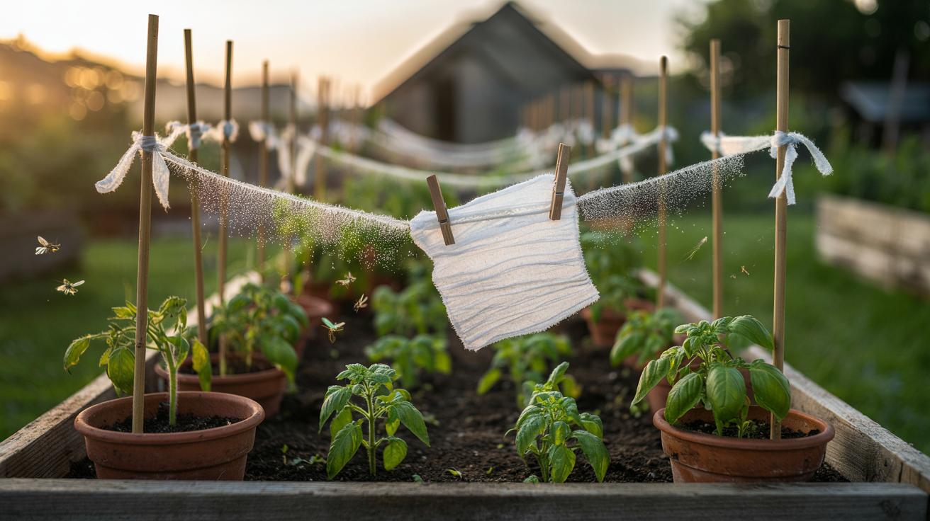 Illustration of dryer sheets tied to garden stakes and container rims in a vegetable bed to deter pests using scent and static