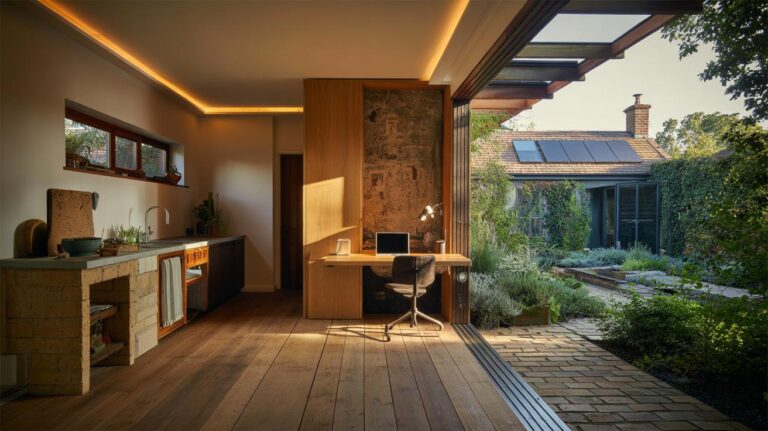 Illustration of a sustainable, adaptable home interior with natural materials, indoor greenery, and discreet smart technology