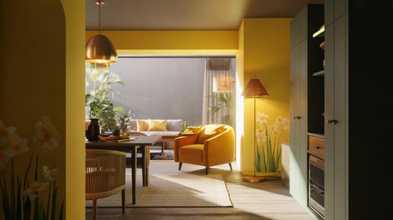 Illustration of a UK home interior featuring uplifting yellow accents recommended by design experts
