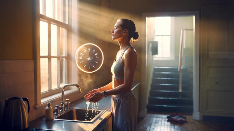 Illustration of a 4-minute doctor-backed morning routine combining daylight exposure, gentle mobility, a brisk minute, a cold-water splash, and box breathing