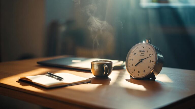 Illustration of a five-minute daily productivity ritual with a timer, an open notebook, and a cup of coffee on a tidy desk
