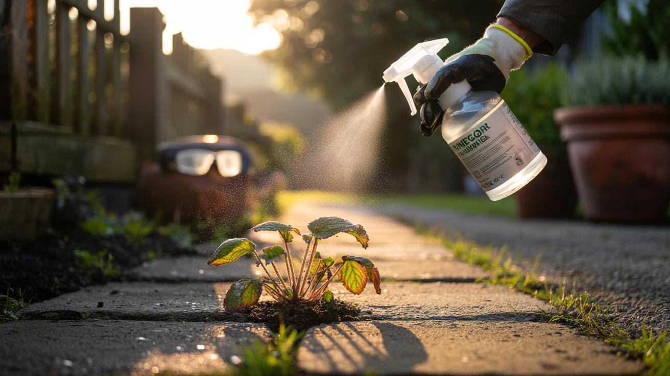 Illustration of a hand spraying vinegar (acetic acid) onto weeds growing between paving stones, leaves starting to wilt